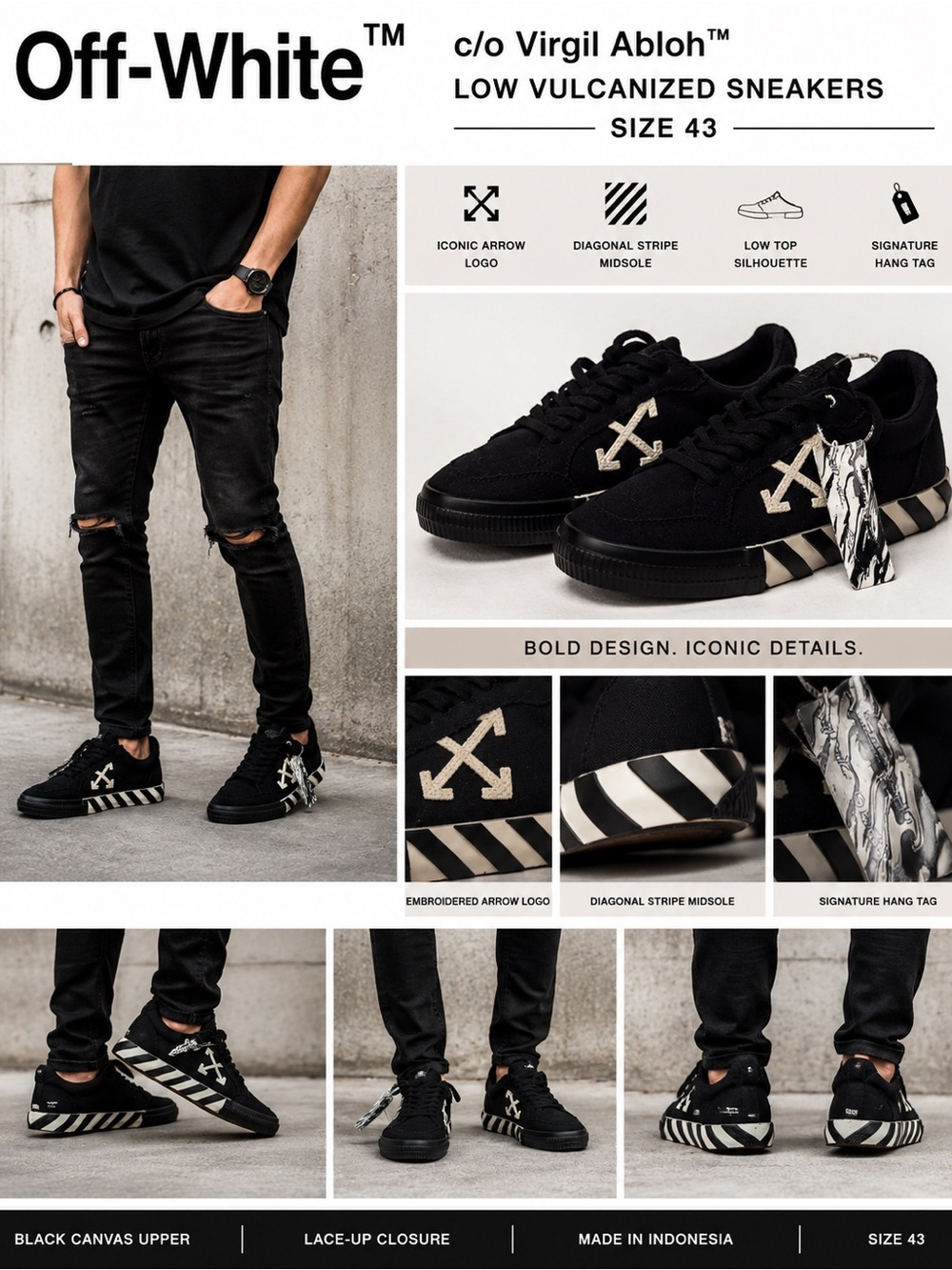 Off-White c/o Virgil Abloh Low Vulcanized Sneakers Black White Arrow Size 43